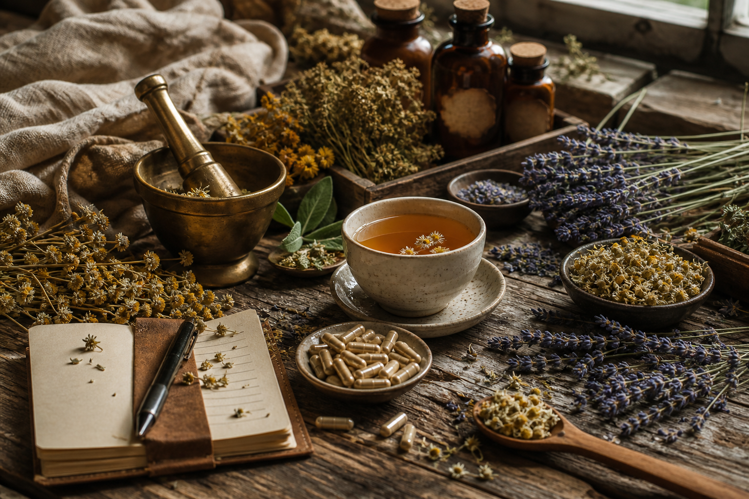 Calming evening routine with herbal capsules, a cup of tea, soft candlelight, dried botanicals, and a notebook on a bedside table