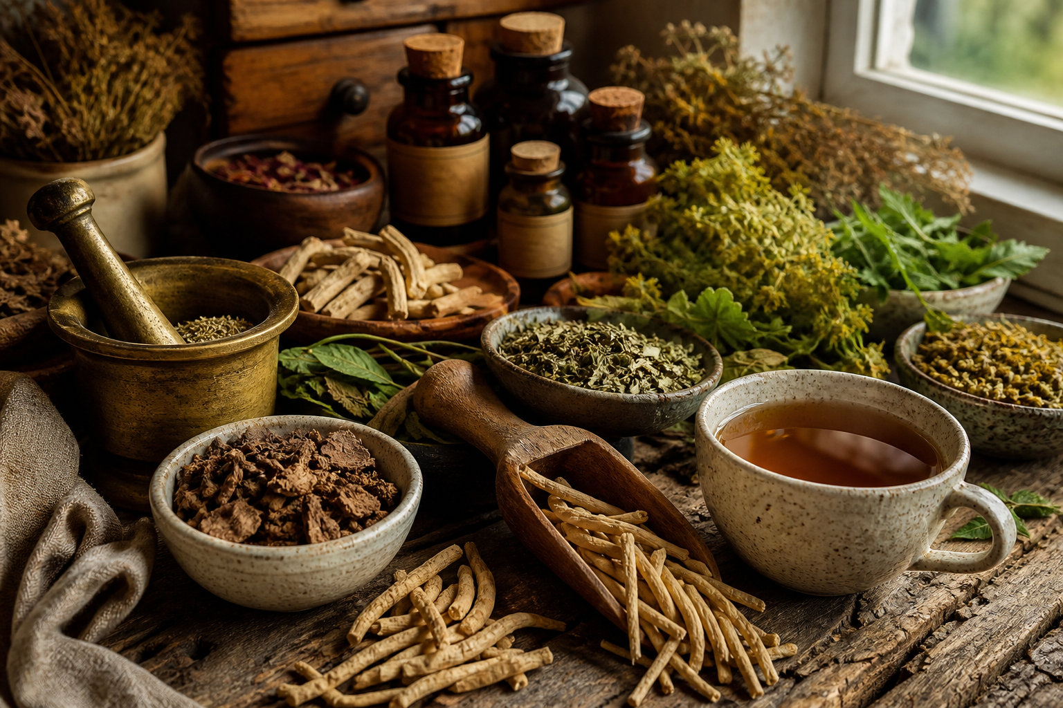 Adaptogens for balance with dried ashwagandha root, rhodiola, loose herbs, and a cup of herbal tea