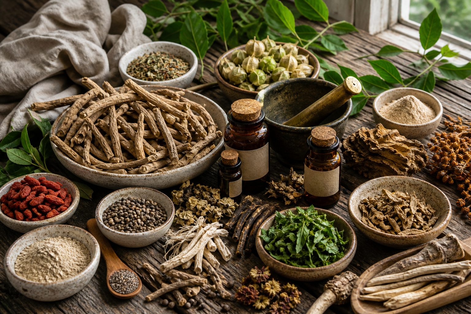 Ashwagandha roots and adaptogen herbs arranged on a wooden surface for men’s wellness