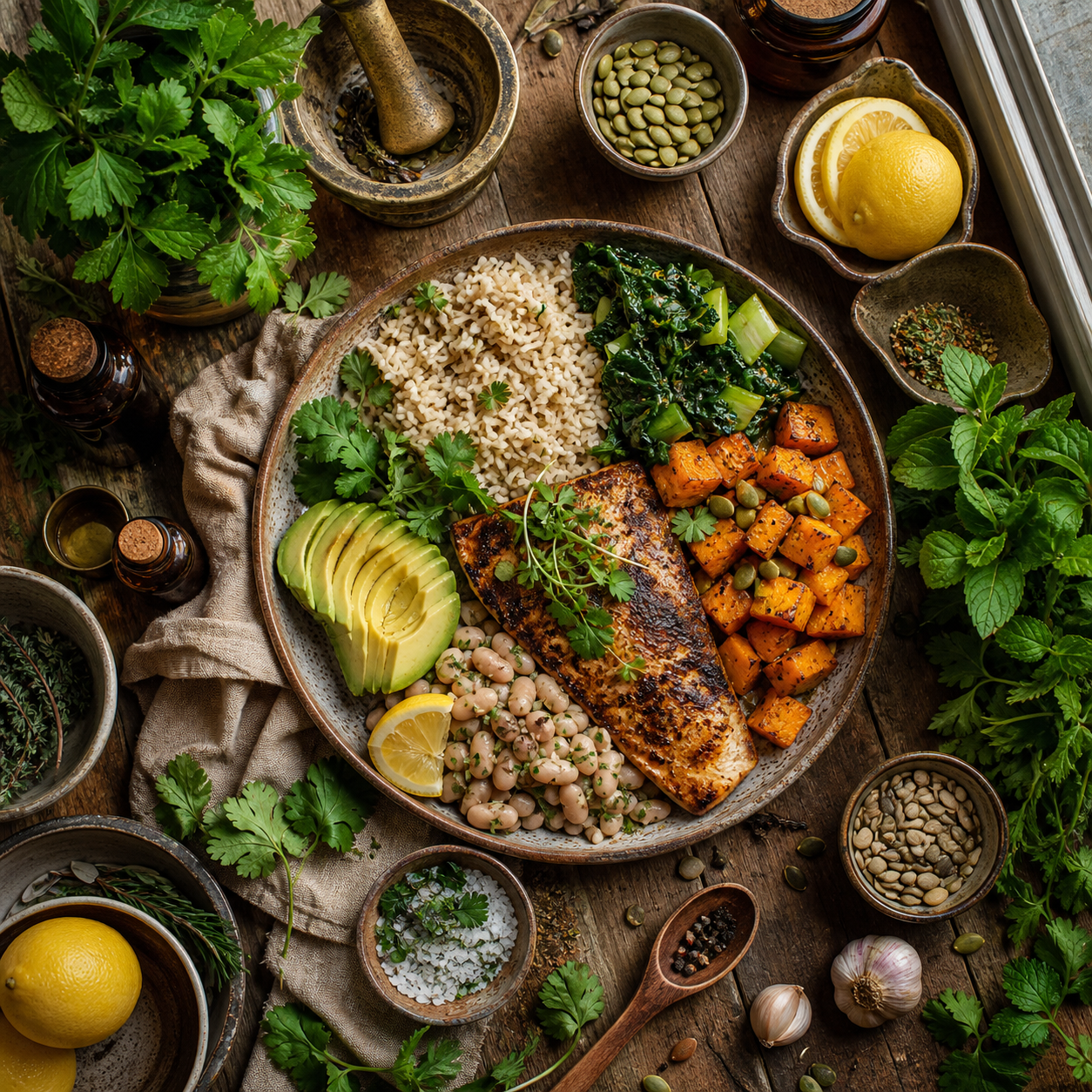 Balanced plate nutrition with protein, fibre-rich vegetables, whole grains, legumes, avocado, and fresh herbs on a South African table