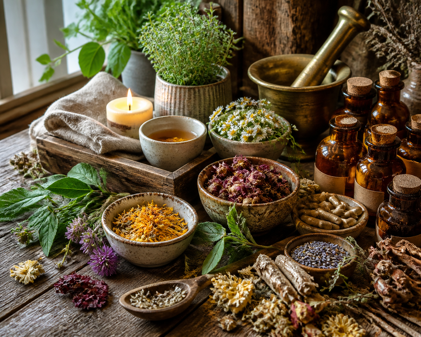 Home wellness space with a candle, herbal tea, folded linen, a small plant, and botanical wellness products on a wooden tray