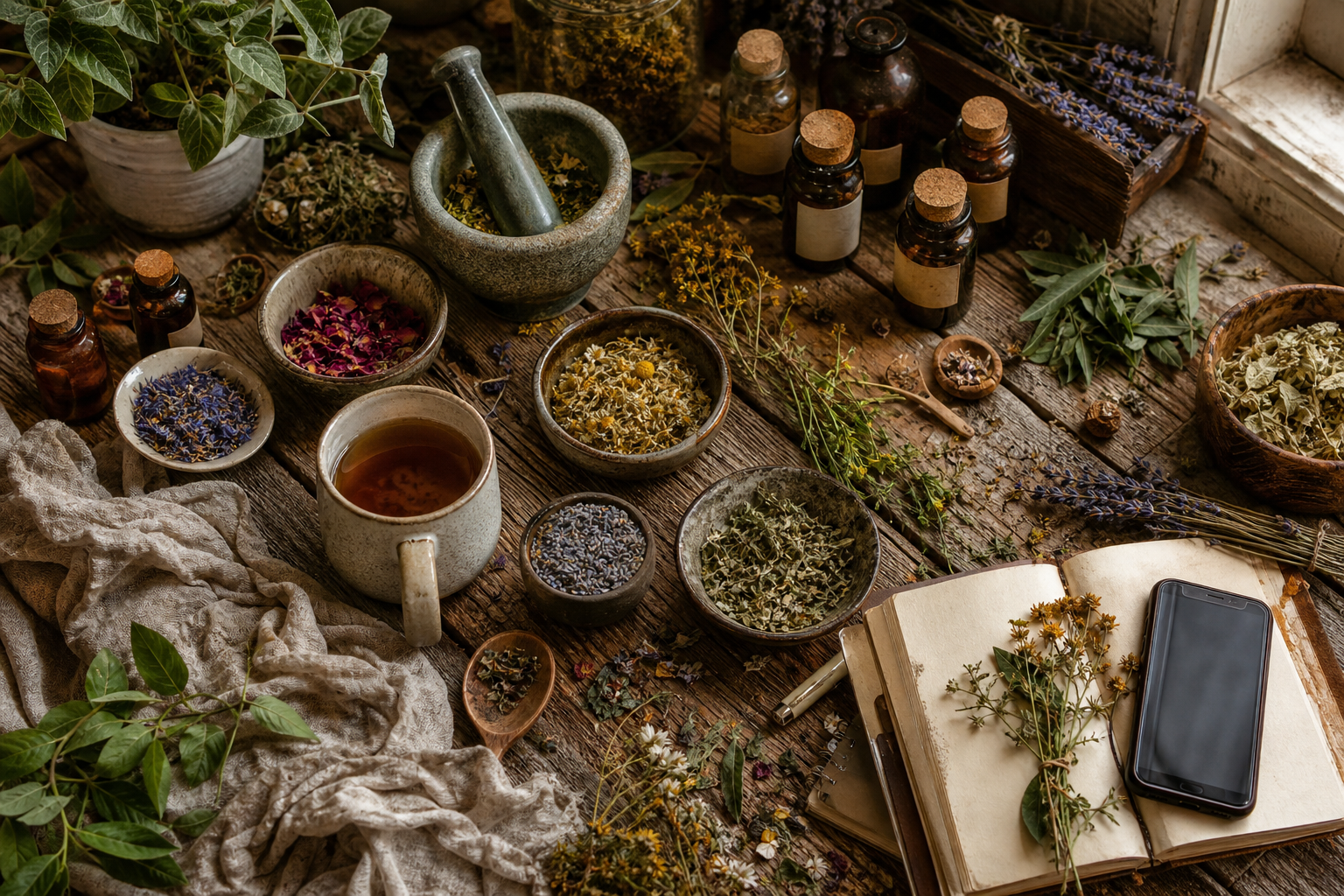 Digital detox tips featured image with a notebook, herbal tea, indoor plant, and a phone resting beside natural wellness items