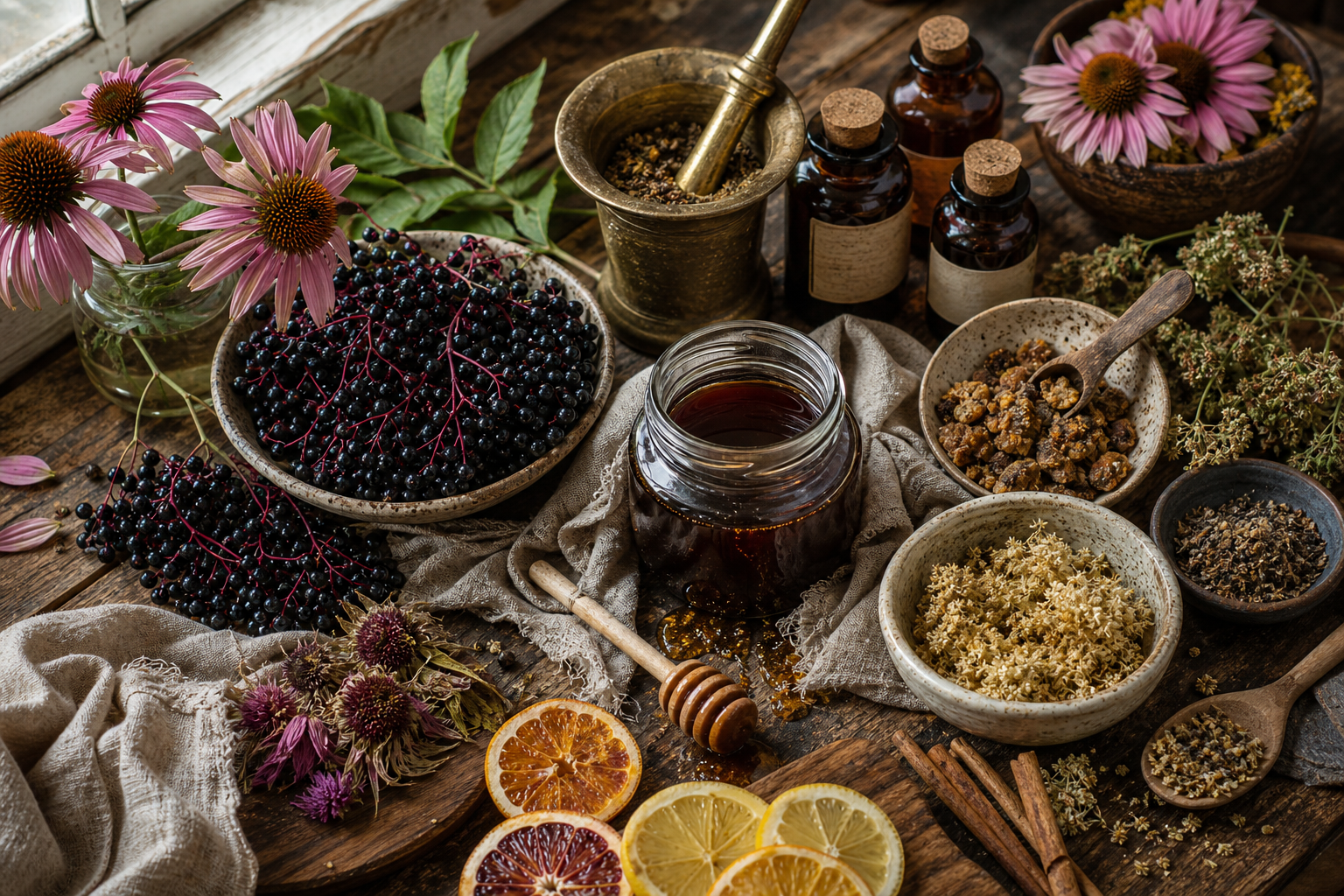 Echinacea and elderberry with propolis, dried herbs, and a honey dipper on a natural wooden surface