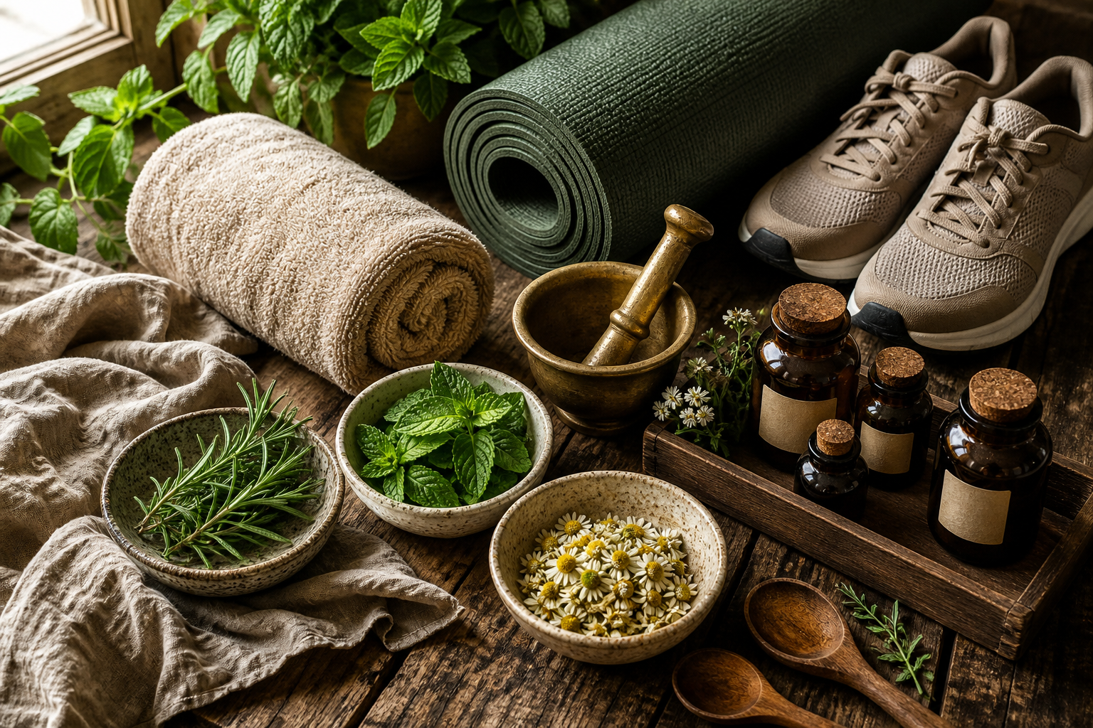 Yoga mat, walking shoes, and fresh herbs for gentle movement wellness