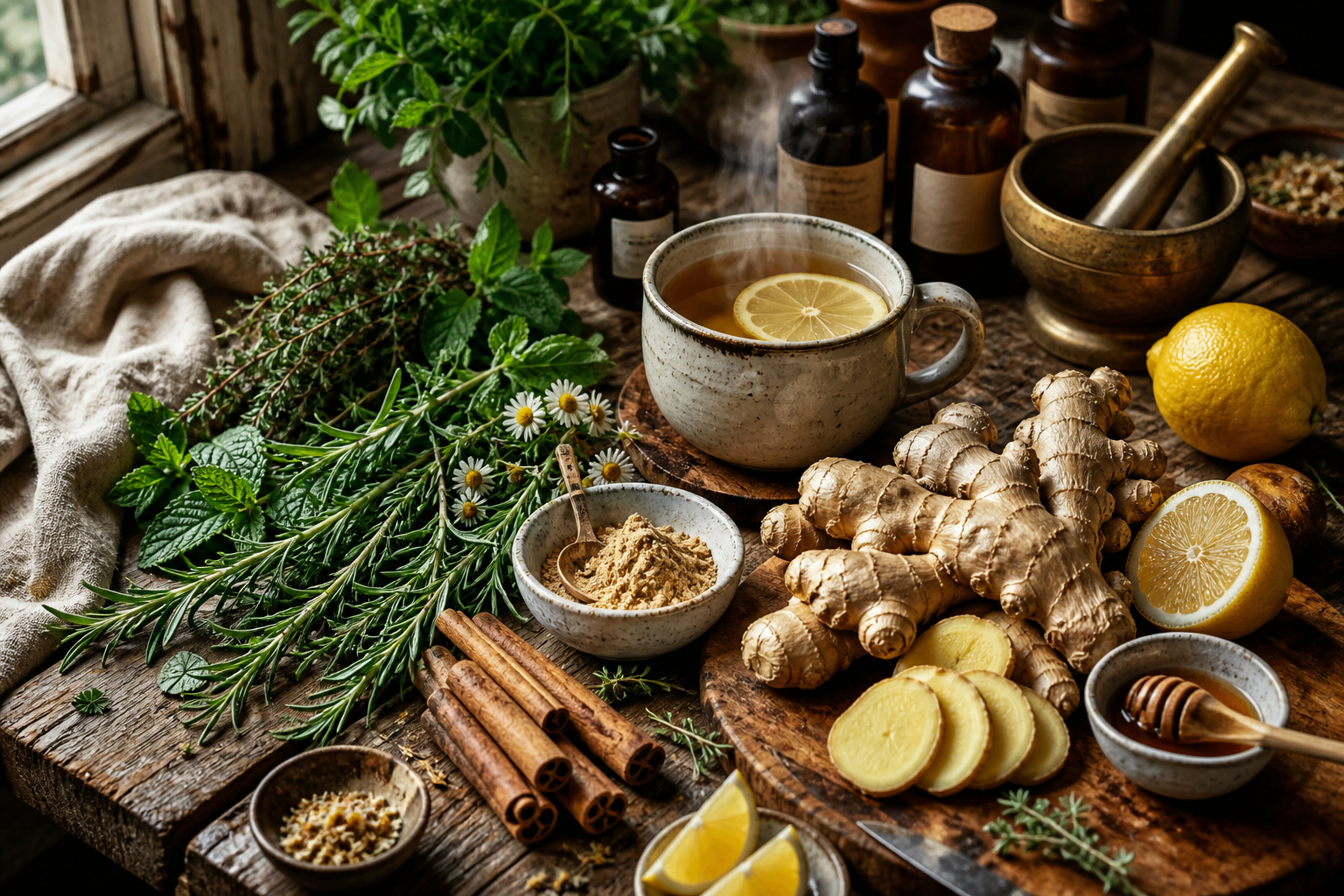 Fresh ginger root, sliced ginger, ginger tea, lemon, and cinnamon on a rustic kitchen surface