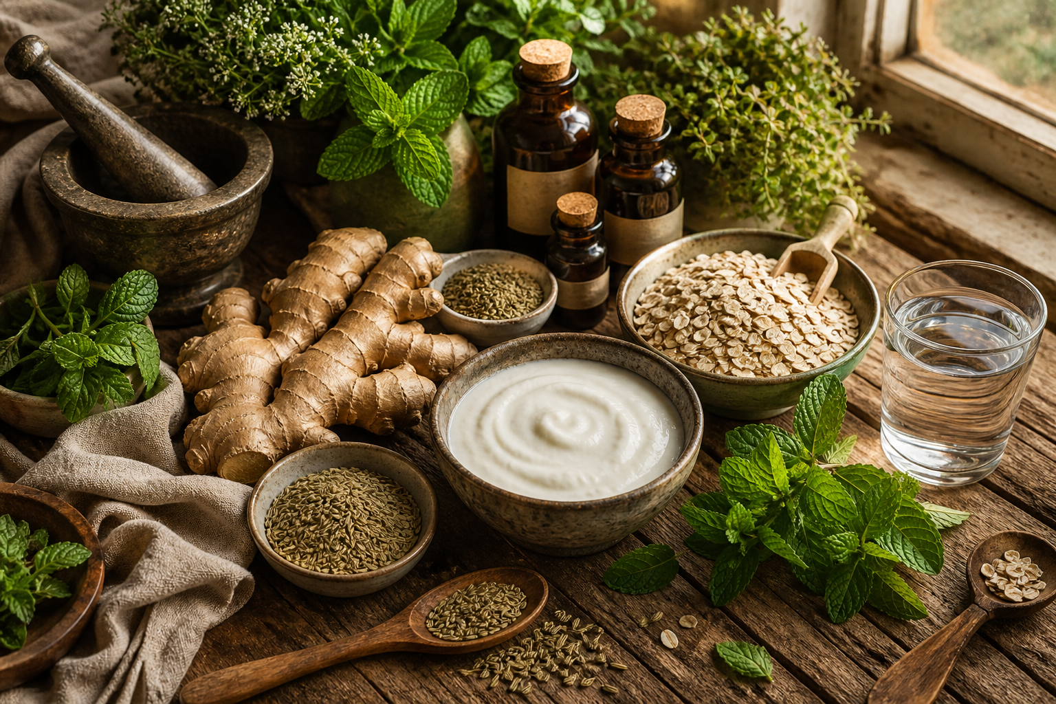 Gut health wellness still life with ginger, fennel seeds, yoghurt, oats, mint, and a glass of water on a wooden surface