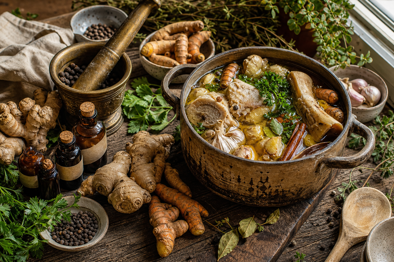 Herbal bone broth recipe in a rustic pot with ginger, garlic, turmeric, cinnamon, peppercorns, bay leaves, parsley, and bones