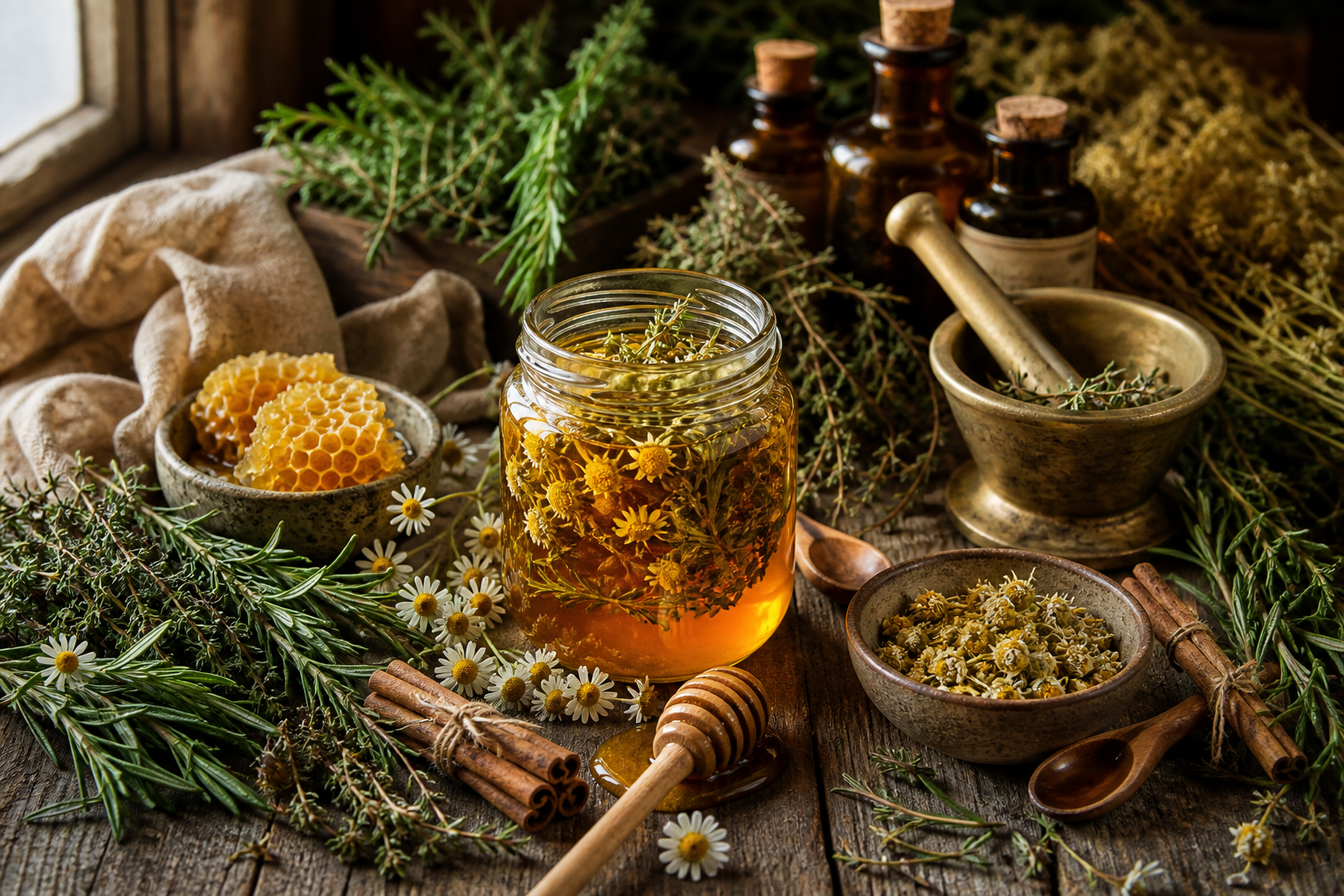 Jar of herbal infused honey with fresh rosemary, thyme, chamomile, and honey on a wooden board