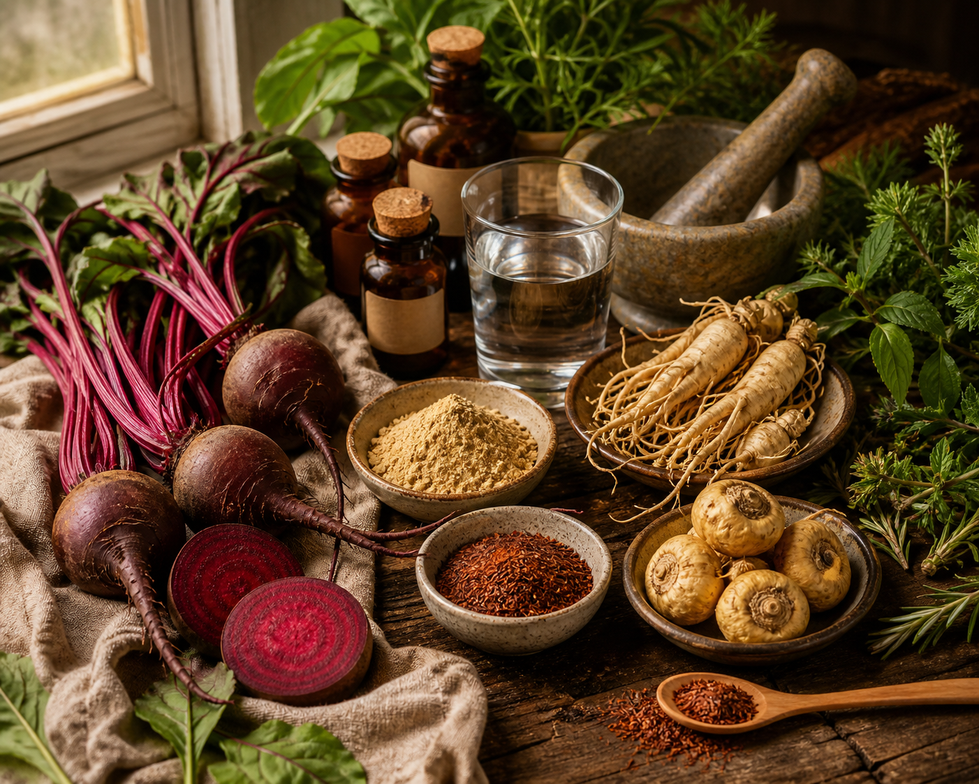 Herbs for men's energy with beetroot, ginseng root, maca, rooibos, and fresh green botanicals on a natural surface
