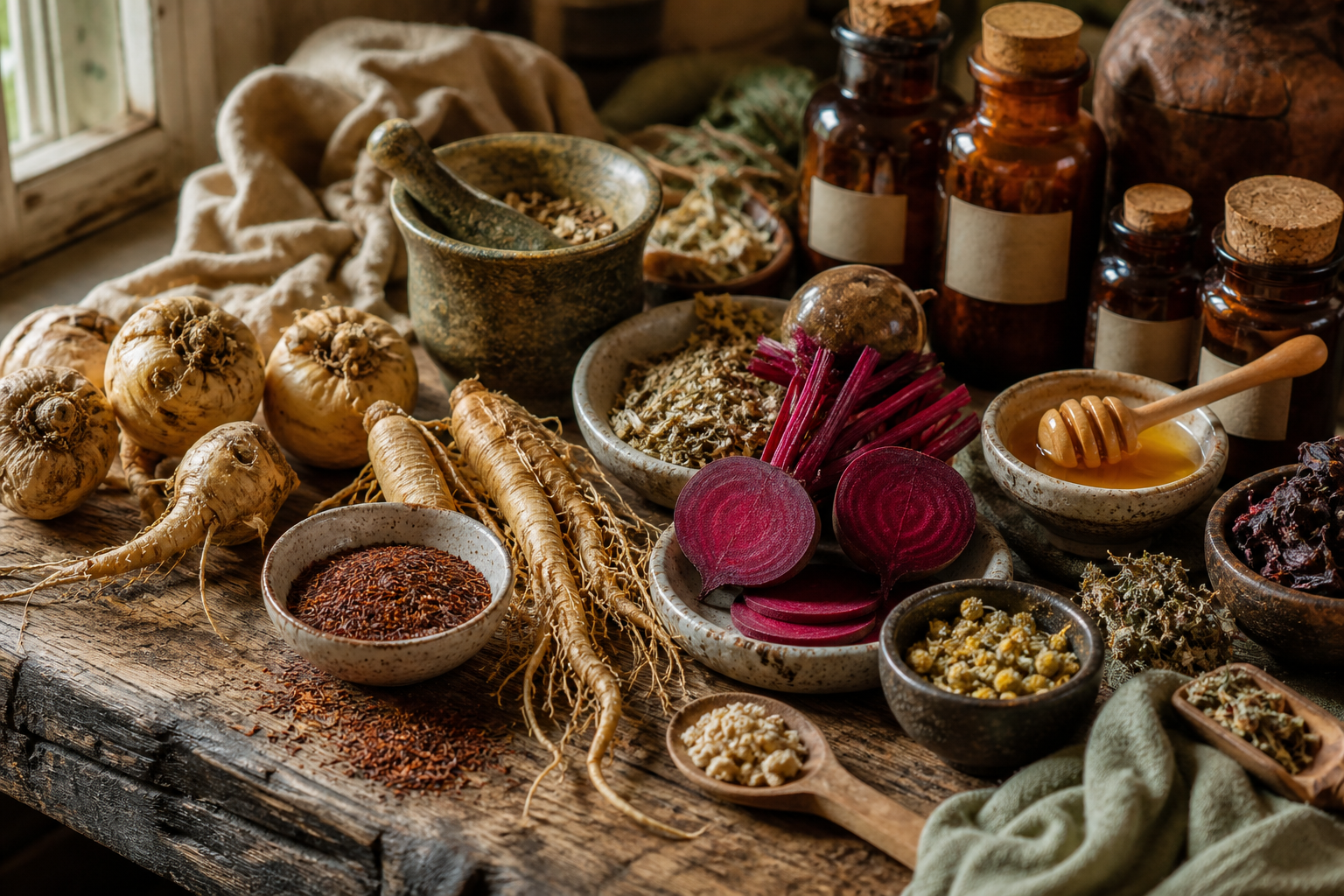 Herbs for men's energy with maca, ginseng, rooibos, beetroot, and fresh botanical ingredients on a wooden surface