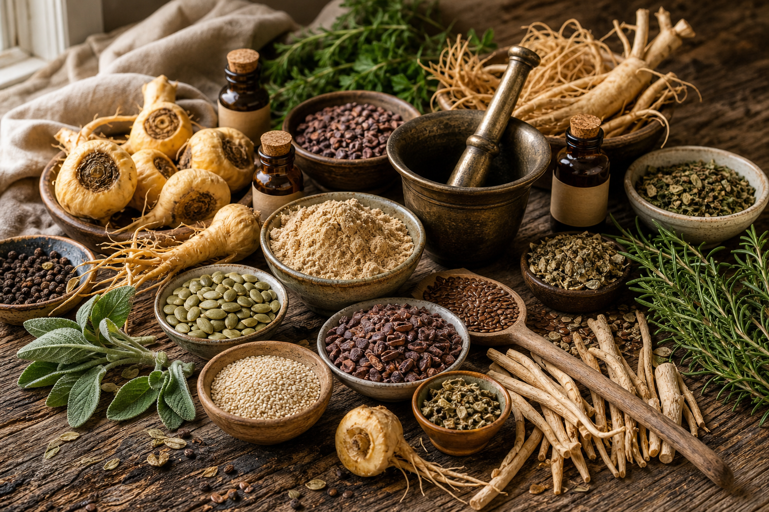 Maca root for men in a natural wellness setting with herbal ingredients and earthy tones