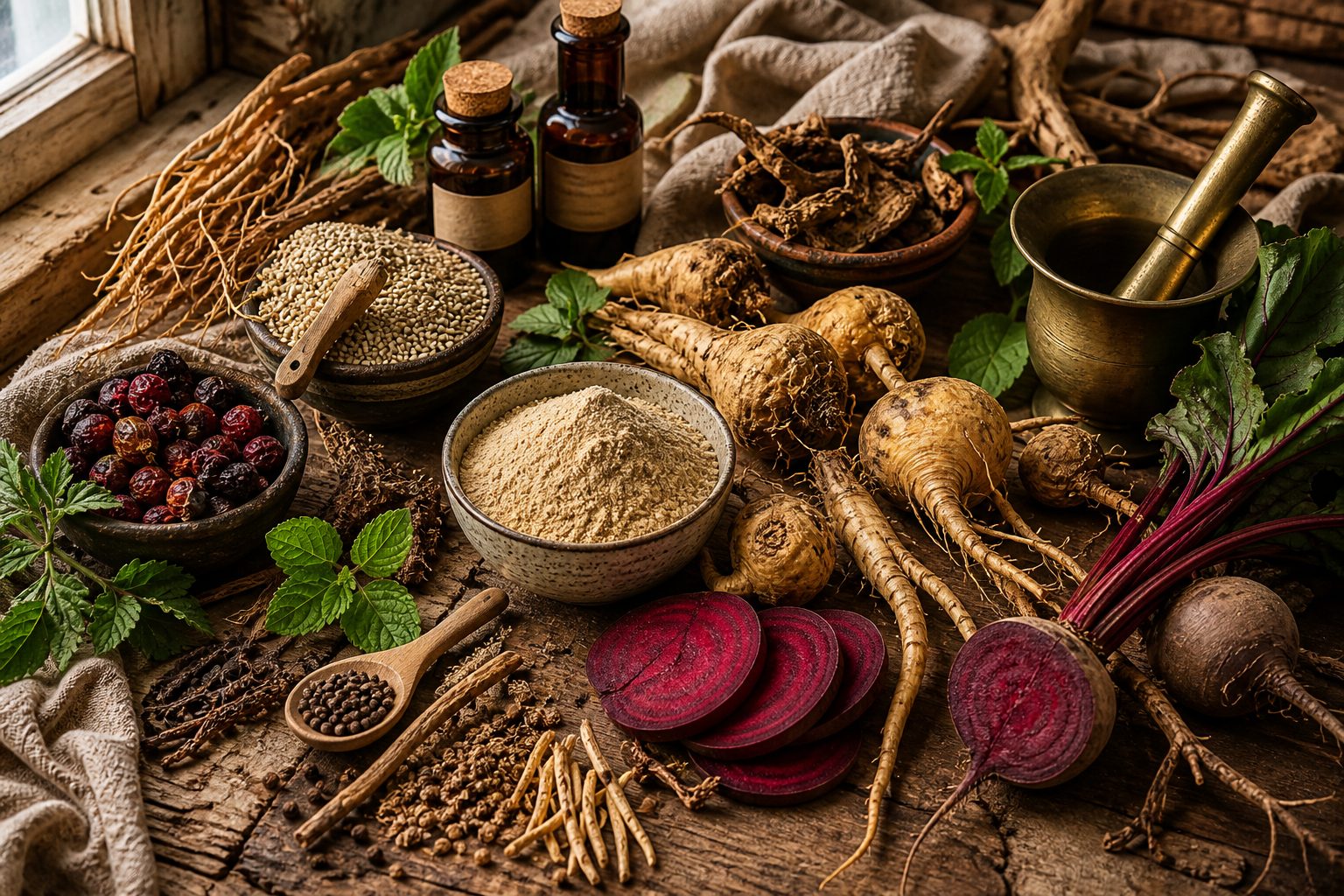 Maca root for men with dried maca roots, maca powder, and other natural energy root herbs on a wooden surface
