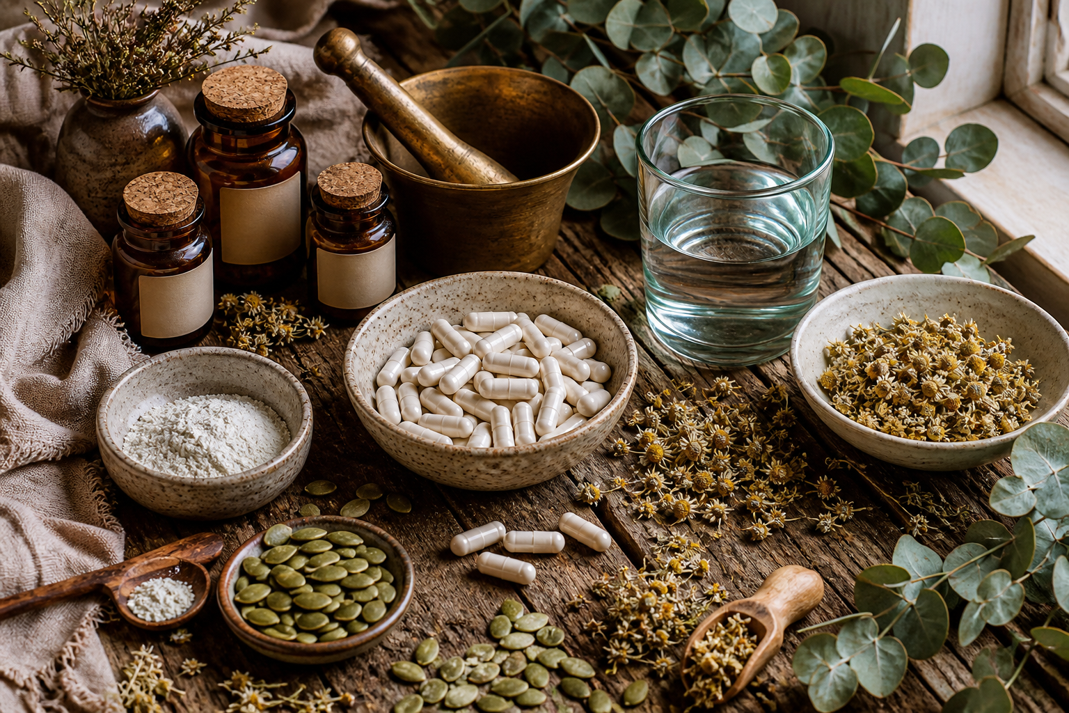 Magnesium supplement guide featuring mineral capsules, dried herbs, and simple wellness ingredients