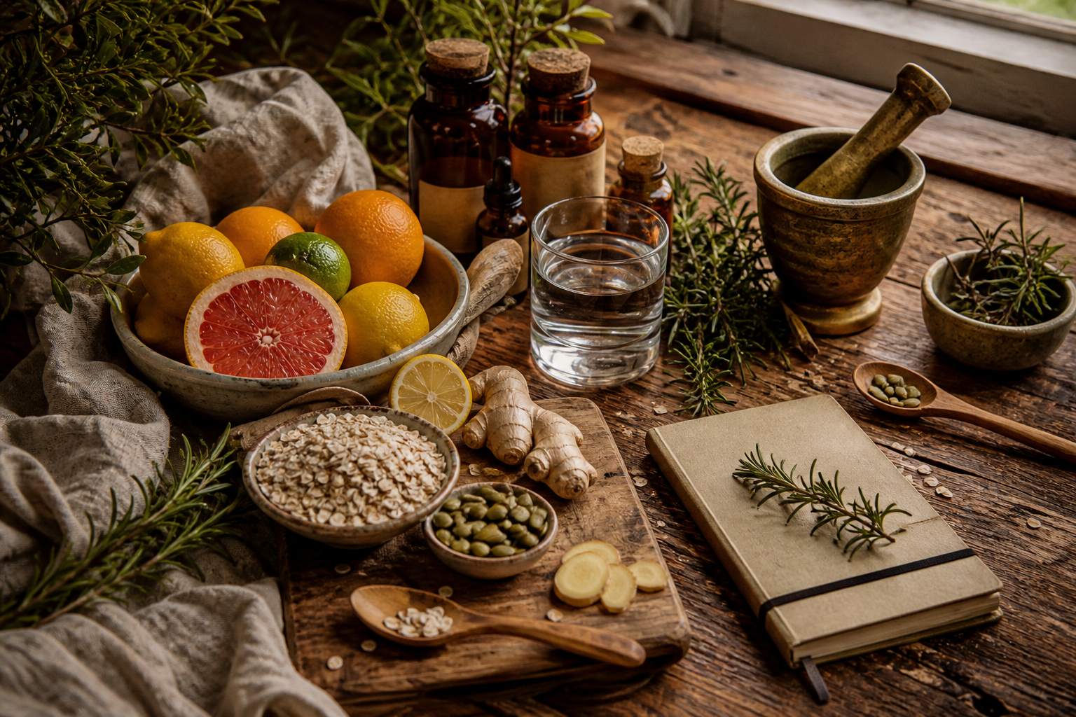 Natural men's vitality lifestyle still life with citrus, oats, water, herbs, seeds, and a journal