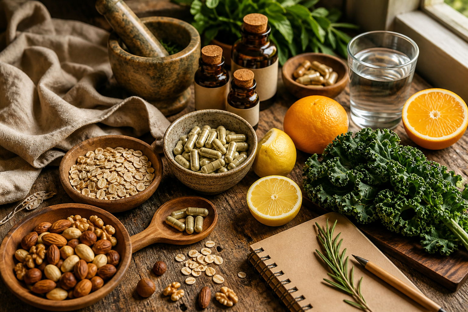A South African men's vitality lifestyle still life with herbal capsules, fresh citrus, oats, water, nuts, and leafy greens