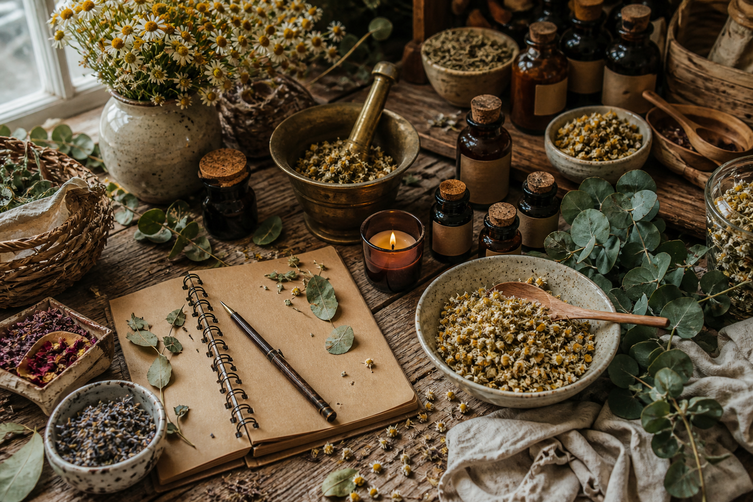 Relaxation practices with a herbal tea cup, dried chamomile, eucalyptus leaves, a journal, and a small candle on a wooden surface