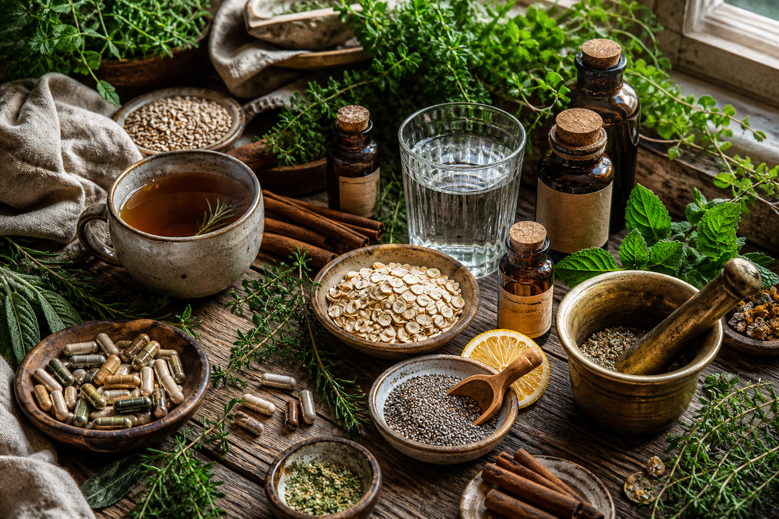 A natural morning wellness spread with herbal tea, fresh citrus, oats, seeds, and supplement capsules on a wooden surface