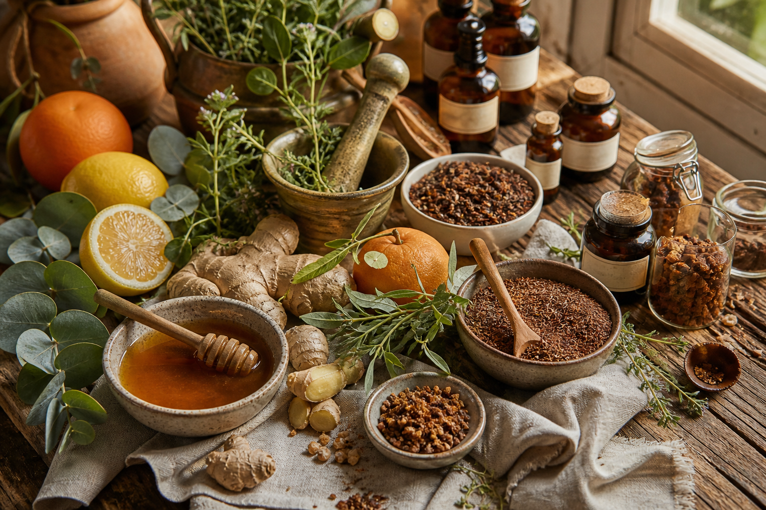 Natural immune support with propolis, vitamin C herbs, citrus, ginger, rooibos, and leafy botanicals on a rustic surface