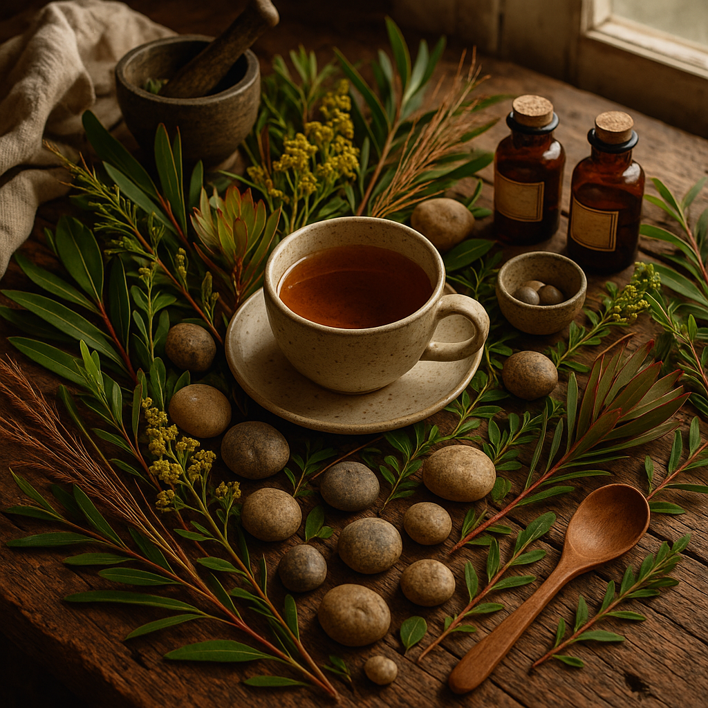 Nature and wellbeing scene with indigenous leaves, a cup of herbal tea, stones, grass, and sunlight for outdoor wellbeing practices