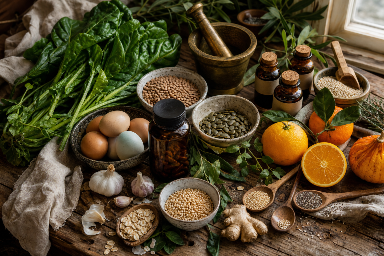 iron-rich foods, leafy greens, beans, eggs, seeds, and a natural supplement bottle for nutrients for energy