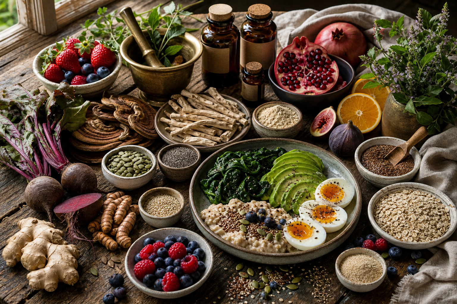 South African healthy meal with eggs, avocado, spinach, oats, seeds and fruit for men's vitality
