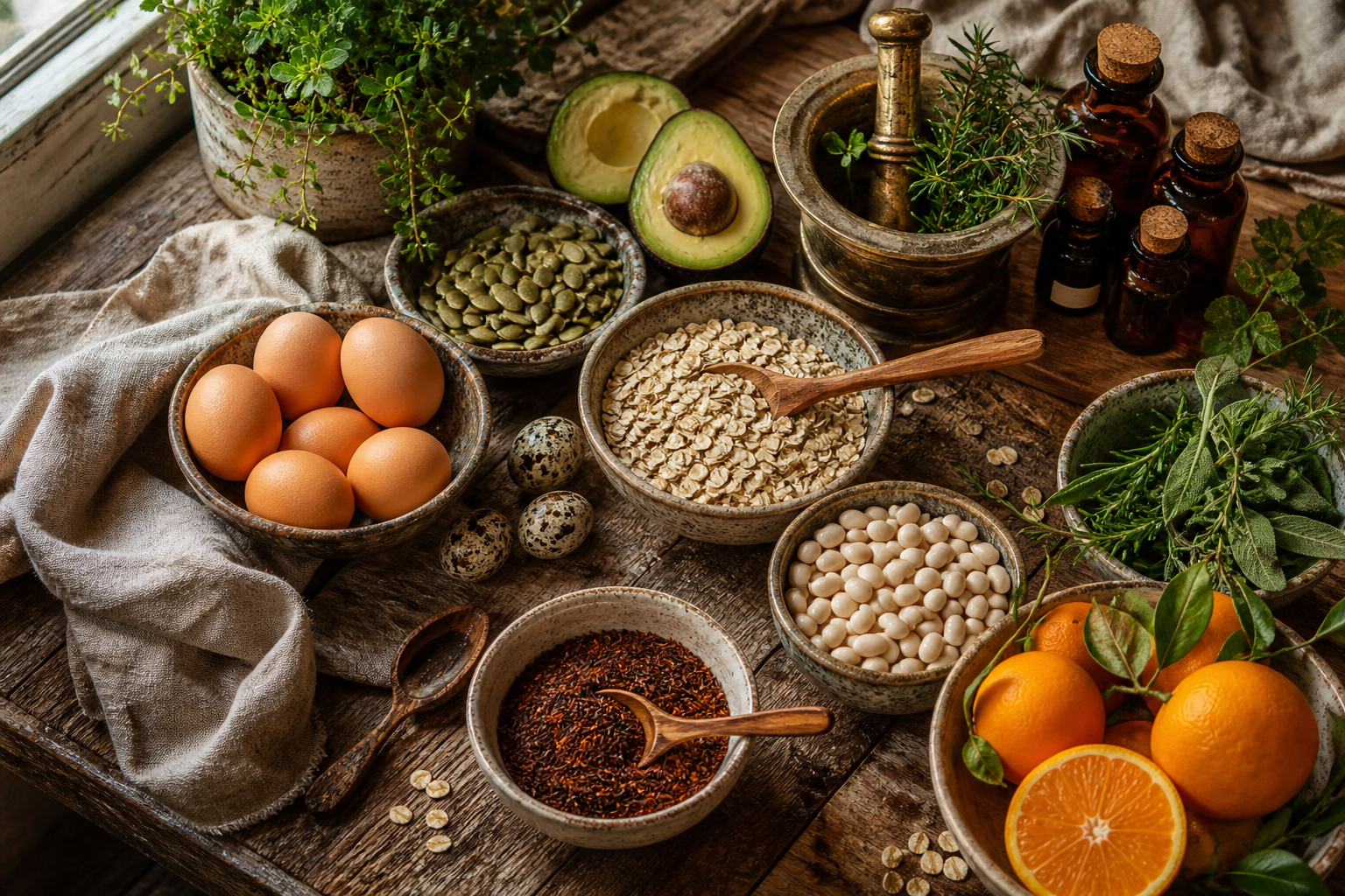 South African foods for nutrition for men's vitality including eggs, avocado, pumpkin seeds, leafy greens, beans, oats, and citrus