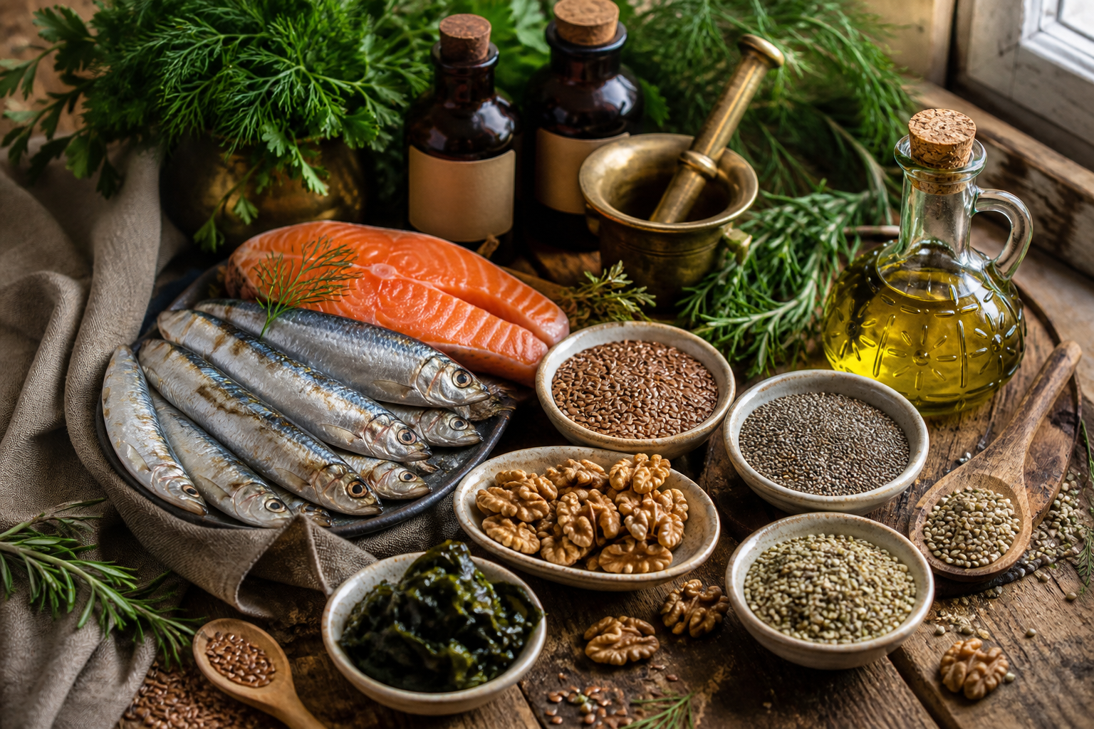 Omega 3 sources including sardines, salmon, flaxseed, chia seeds, walnuts, and seaweed with olive oil and herbs