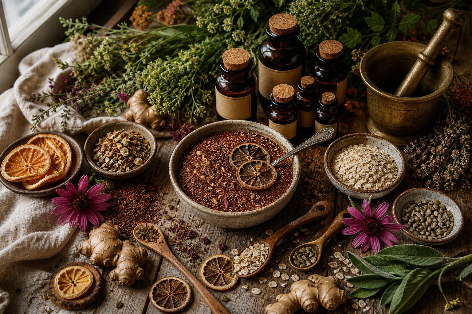 Seasonal living tips with fresh South African herbs, citrus, rooibos, seed clusters, and natural wellness ingredients