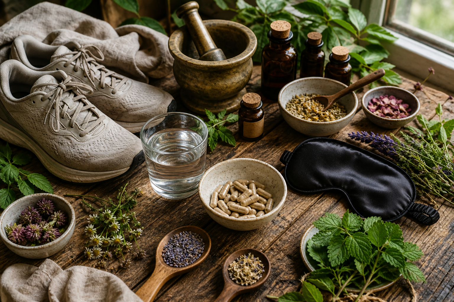 Natural wellness still life with herbal capsules, a glass of water, a sleep mask, running shoes, and fresh botanicals for stress and men's energy