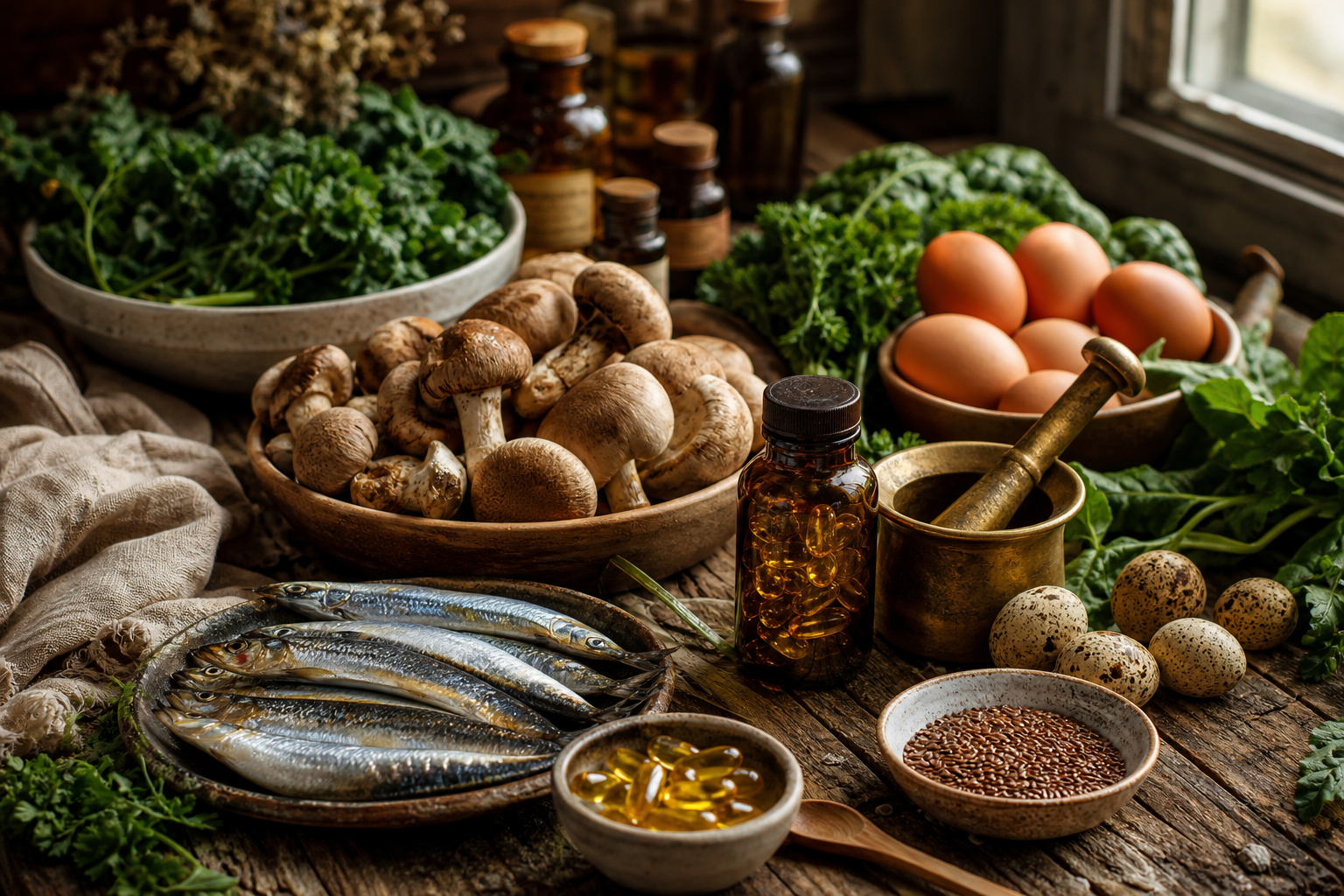 Vitamin D South Africa wellness still life with sunlight, mushrooms, eggs, sardines, leafy greens, and a bottle of vitamin K herbal capsules