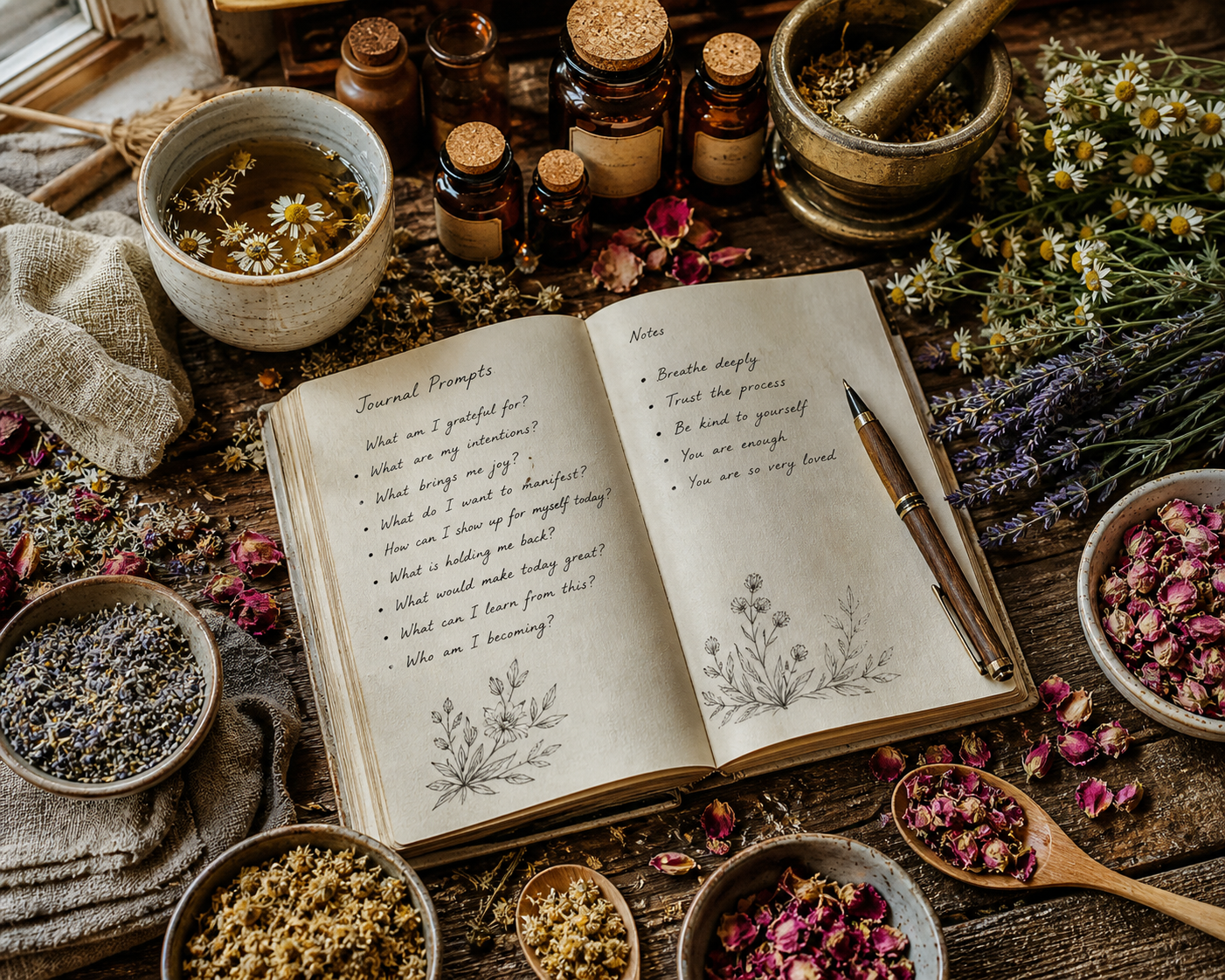 wellness journaling notebook, pen, tea, and calming herbs on a wooden surface