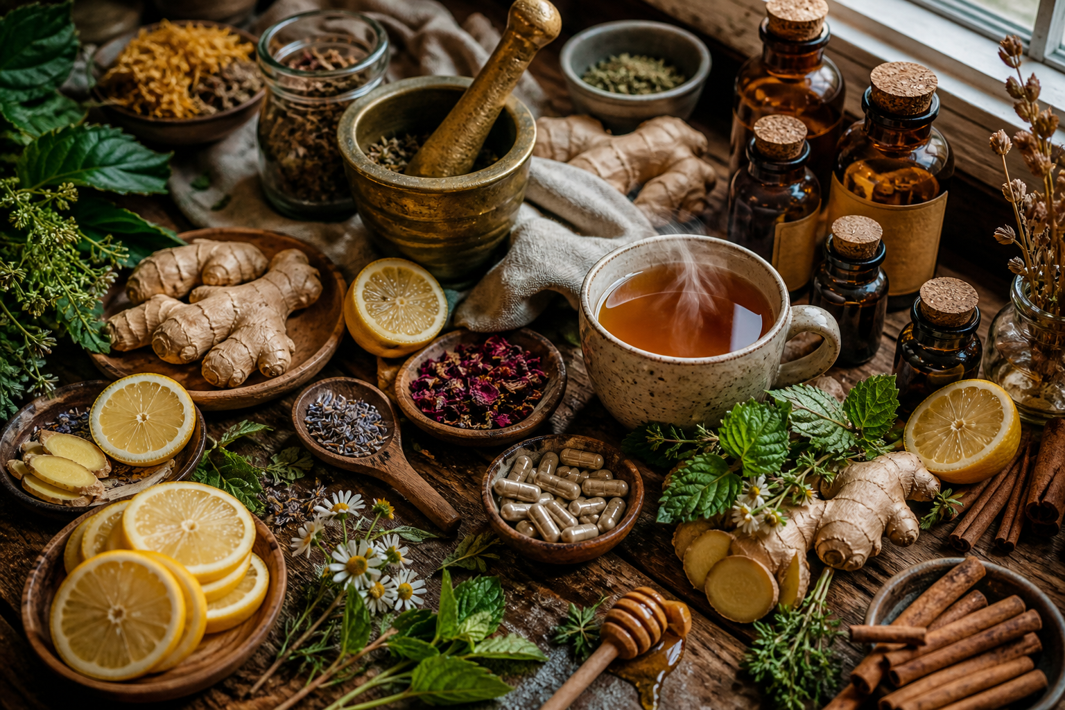 Winter wellness tips with herbal tea, citrus, ginger, honey, and natural supplement capsules on a wooden surface