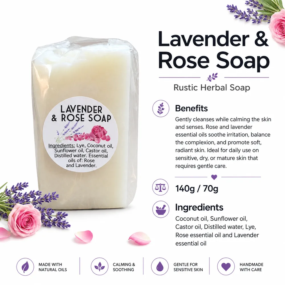 Lavender & Rose Soap Rustic Herbal Soap 140g — info graphic 2