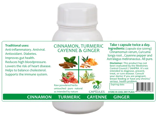 4 In 1 Spice - Cinnamon, Turmeric, Cayenne And Ginger 60 capsules — info graphic 1