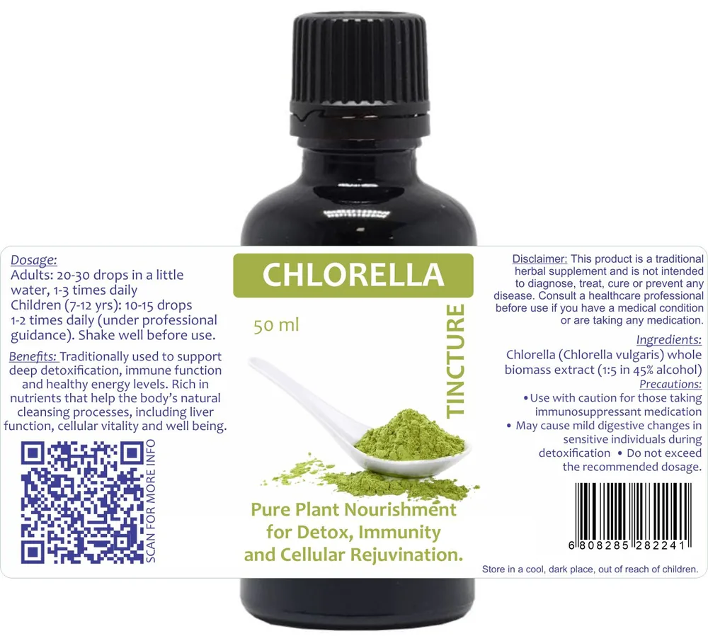 Chlorela 60 capsules or 50ml tincture — info graphic 1