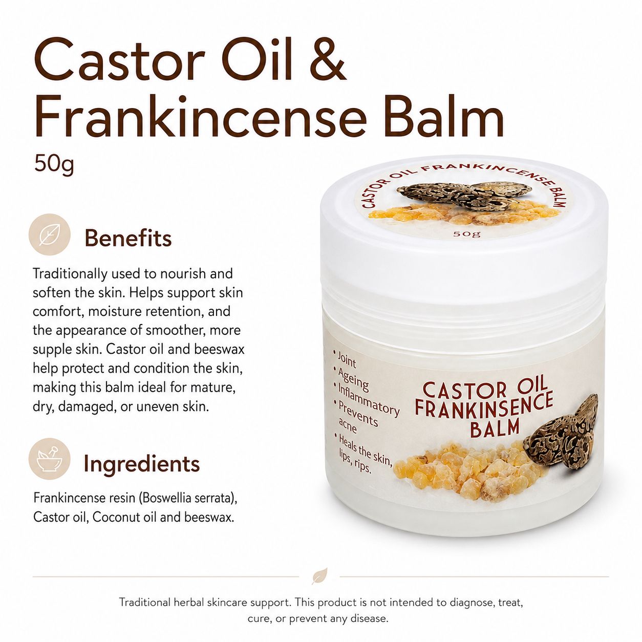 Castor Oil & Frankincense Balm 50g — info graphic 2